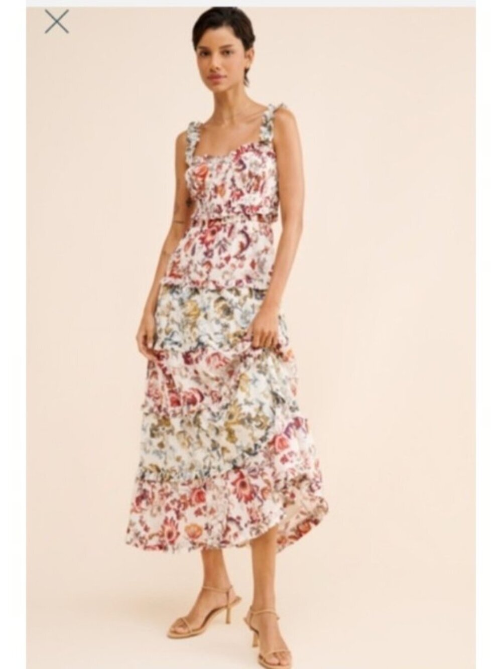 Anthropologie By Anthropologie Floral Tiered Midi Dress Smocked Ruffle Boho M
